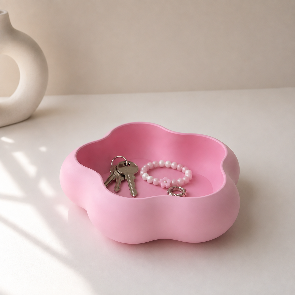 Pink Flower-Shaped Trinket Tray – 3D Printed Jewelry & Key Holder, Cute Minimalist Home Decor